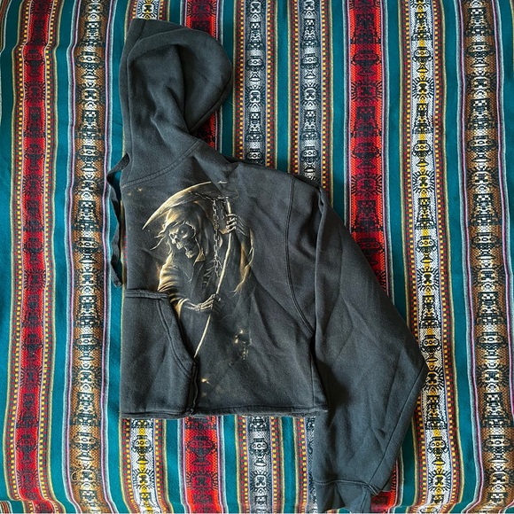 DOM Crop Top Sweater Hoodie With Grim Reaper Print - Picture 2 of 9